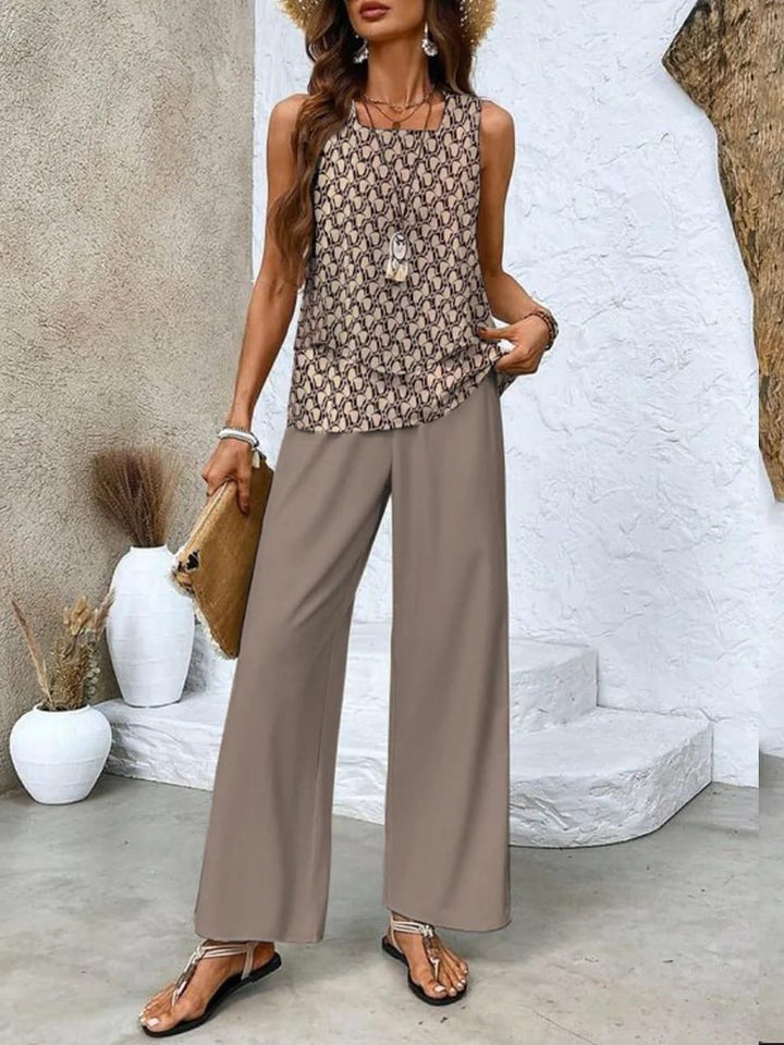 Side profile of model in the breathable two-piece set showing the relaxed wide-leg silhouette in brown