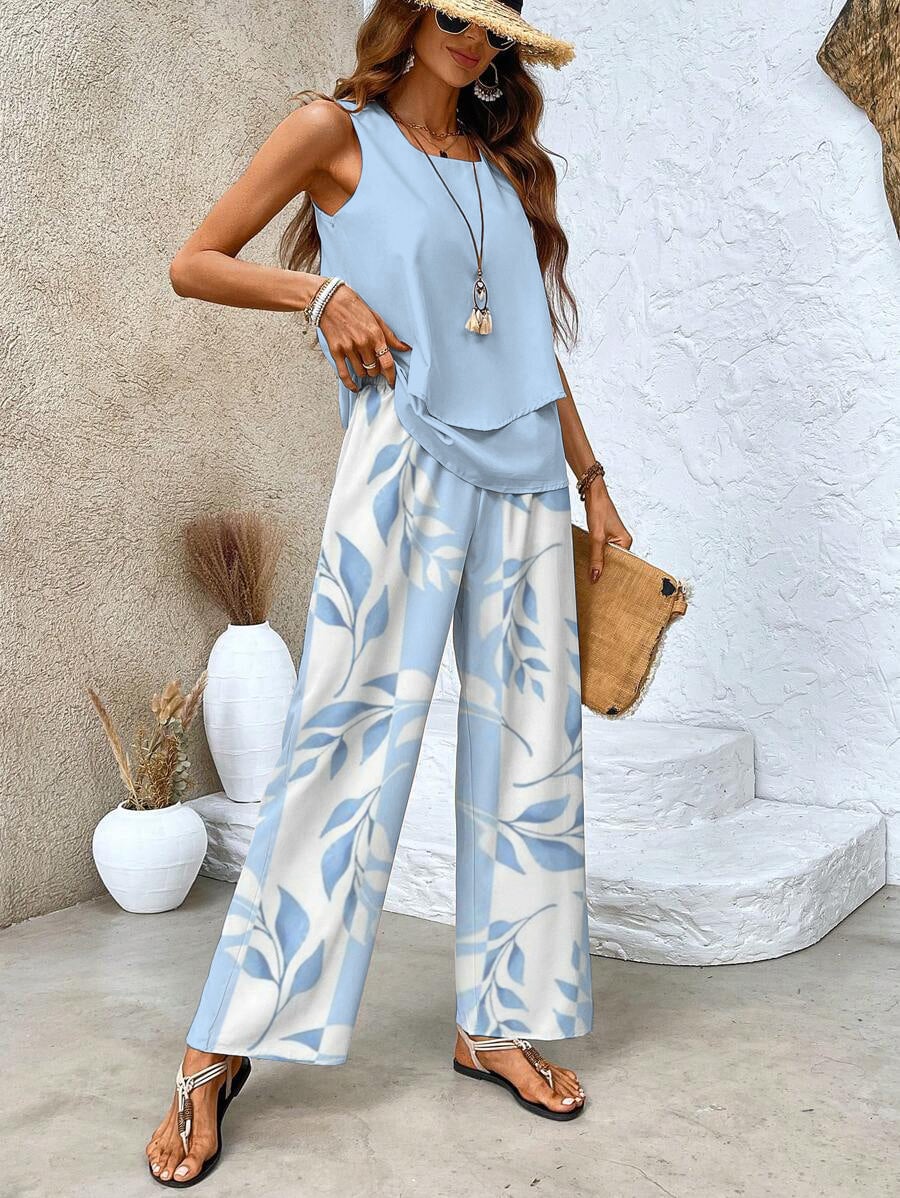 Full-length shot of woman in the chic two-piece set in beige showing the layered blouse design
