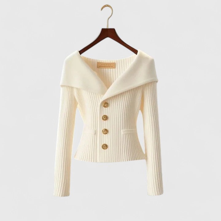 Model wearing the Addison elegant cardigan layered over a casual outfit, showcasing its versatile everyday style