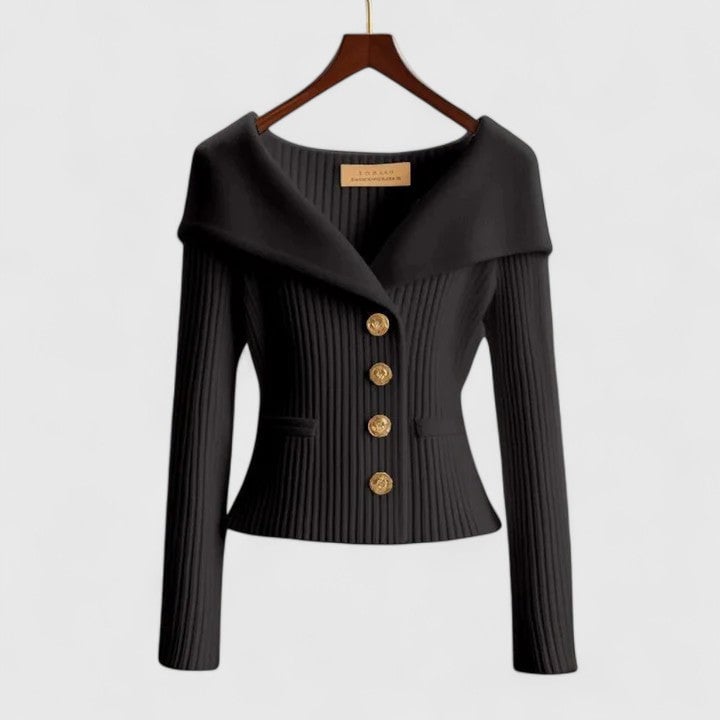 Front view of the Addison elegant cardigan highlighting its graceful fit and polished silhouette