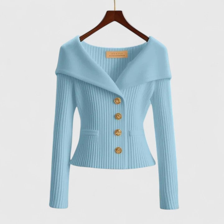 Side profile of the Addison elegant cardigan showing relaxed fit and easy movement