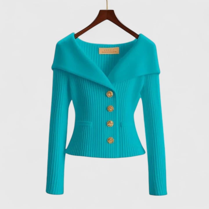 Detail shot of the Addison elegant cardigan fabric and finish in a rich solid color