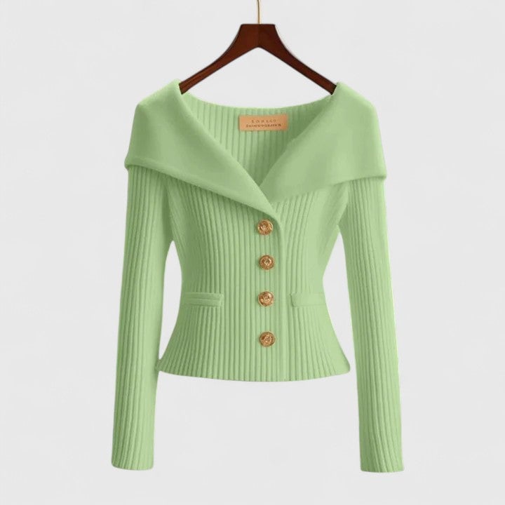 Model wearing the Addison elegant cardigan outdoors in a lifestyle setting