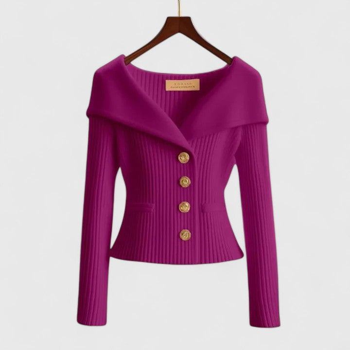 Close-up of the Addison elegant cardigan neckline and button or open-front detail