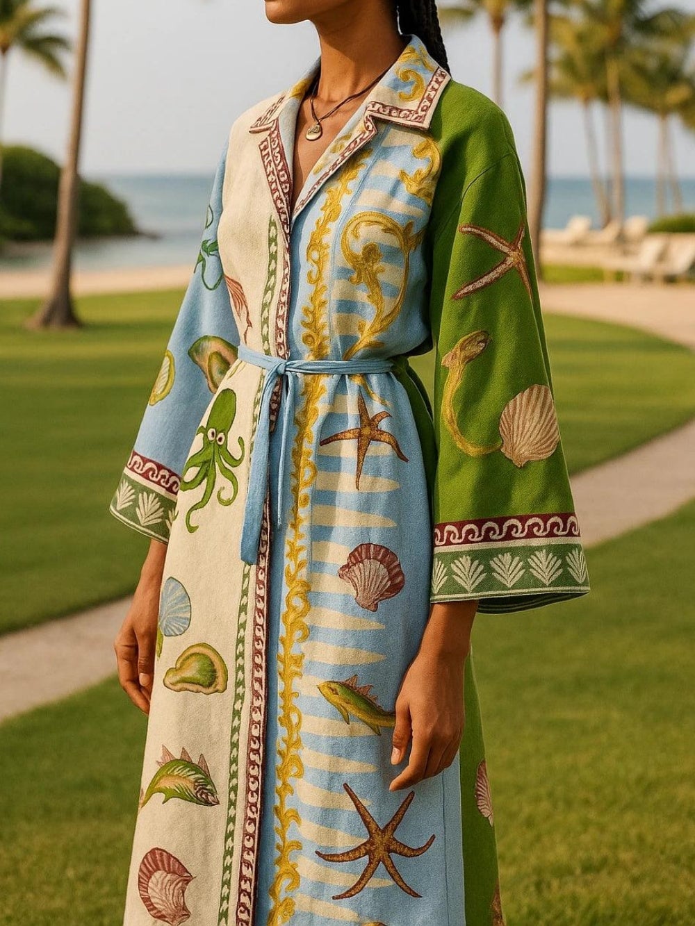 Close-up detail of the floral print and adjustable belt on the blue midi shirt dress