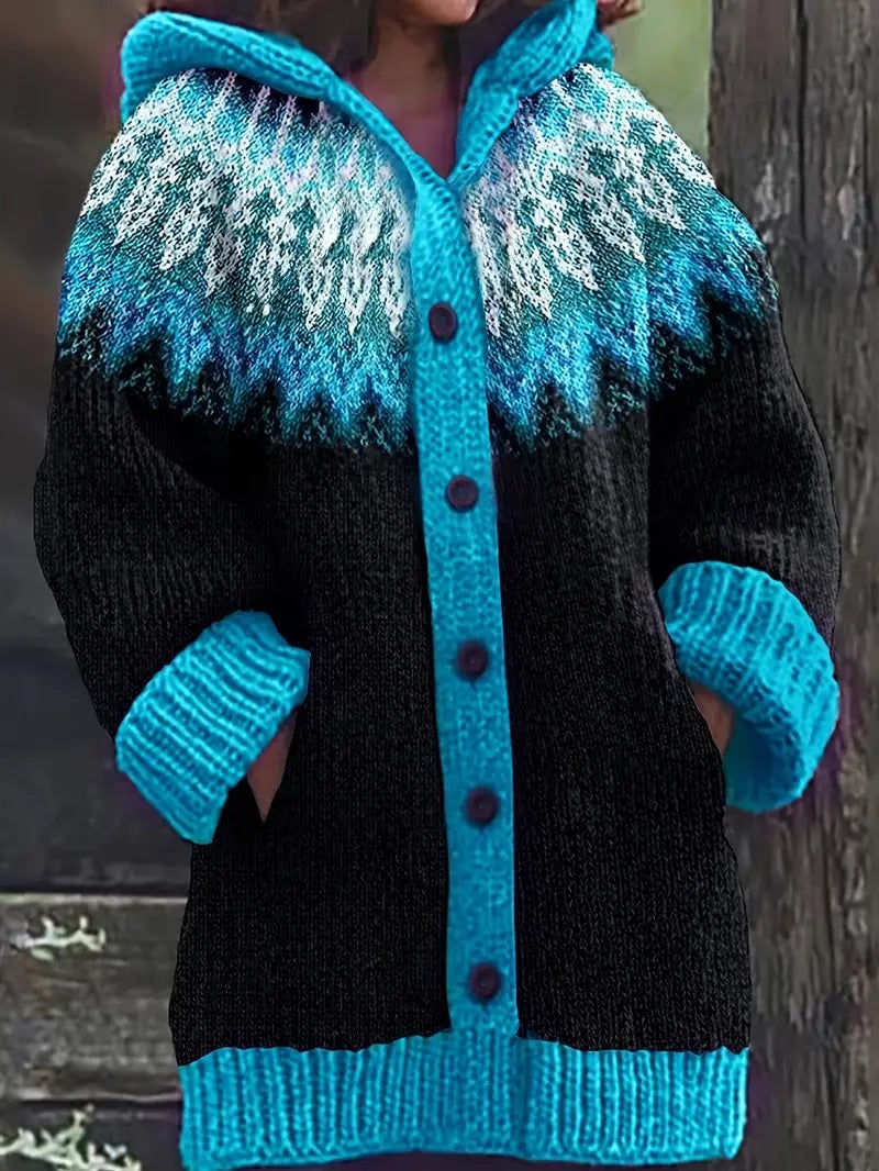 Woman wearing a soft hooded cardigan in a relaxed fit, styled casually for everyday wear