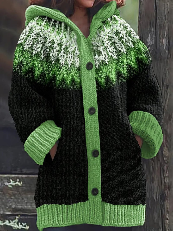 Front view of the Adeline casual hooded cardigan in blue, worn over a simple outfit