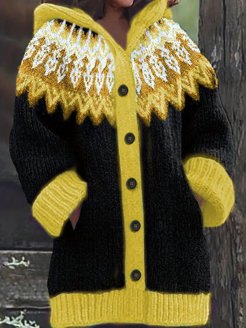Side view of model wearing the Adeline hooded cardigan, highlighting its flattering relaxed silhouette