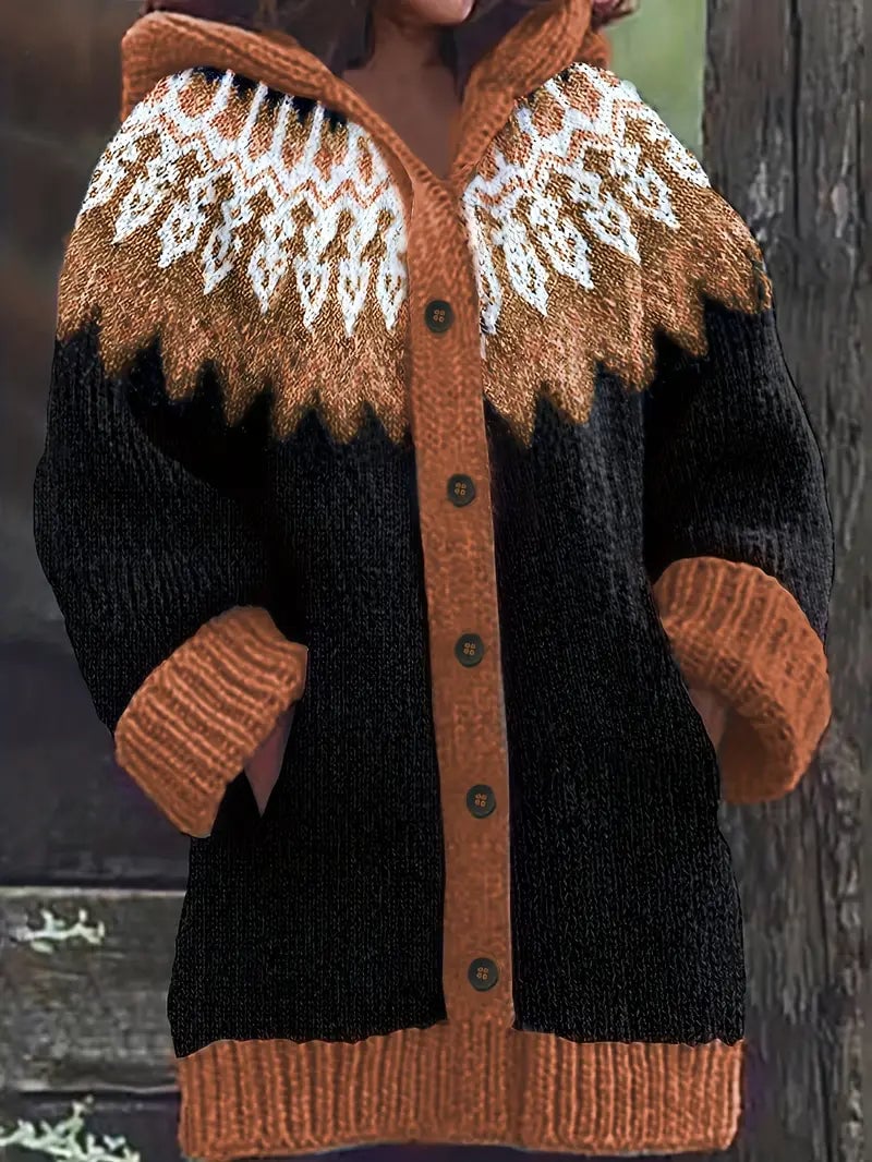 Adeline hooded cardigan in grey, layered over a casual everyday look