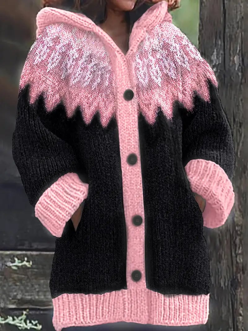 Model wearing the Adeline cardigan in green, showing the comfortable hood detail