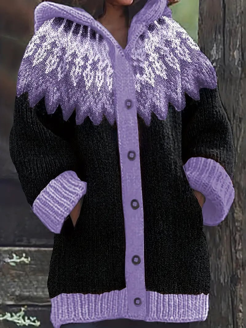 Brown Adeline hooded cardigan worn as a cozy layering piece for cool-weather dressing