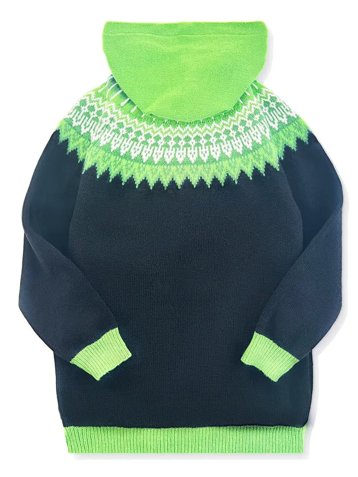 Detail shot of the Adeline cardigan hood and neckline construction