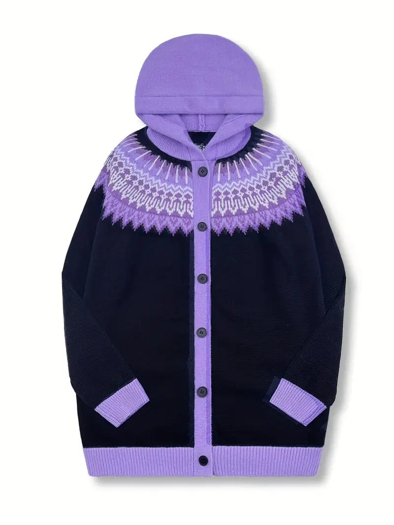 Adeline hooded cardigan shown in full range of available colors: blue, grey, green, yellow, brown, pink, red, and violet