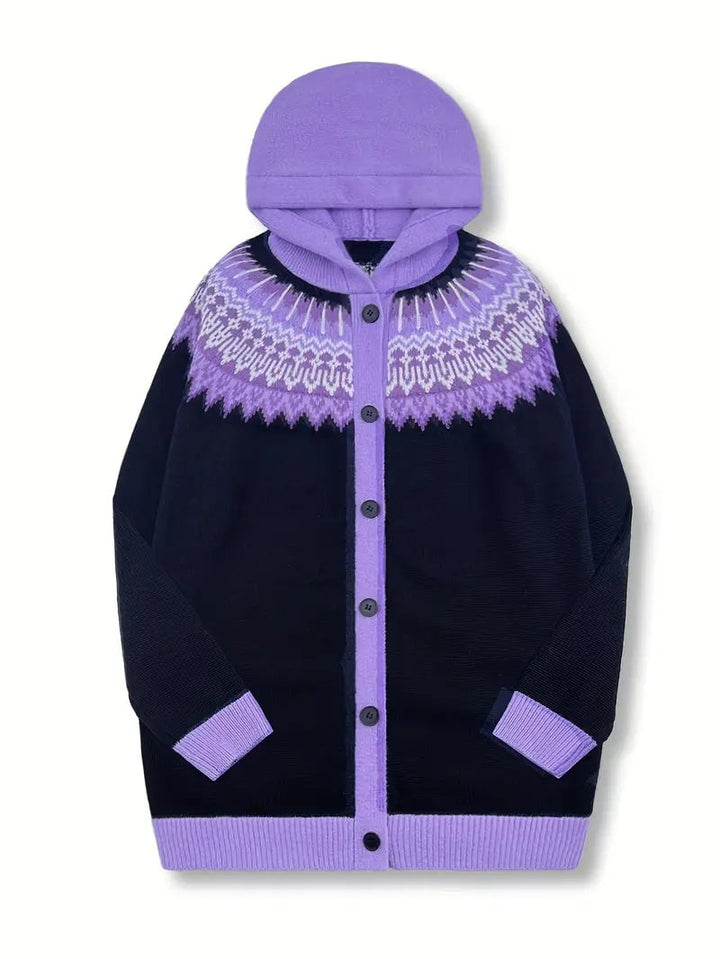 Adeline hooded cardigan shown in full range of available colors: blue, grey, green, yellow, brown, pink, red, and violet