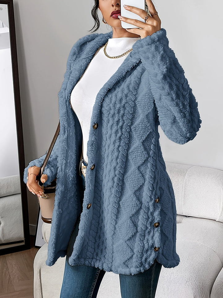 Front view of the Adriana plush hooded cardigan in khaki, draped loosely over a casual outfit