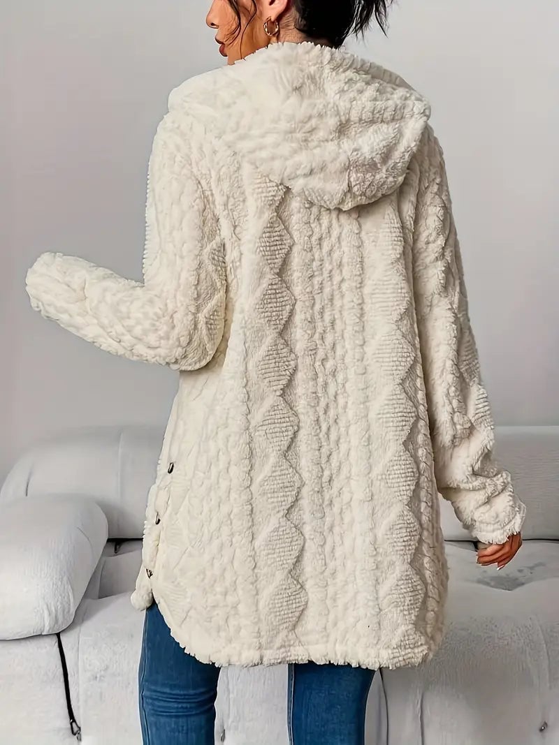 Back view of the plush hooded cardigan showing hood construction and relaxed drape
