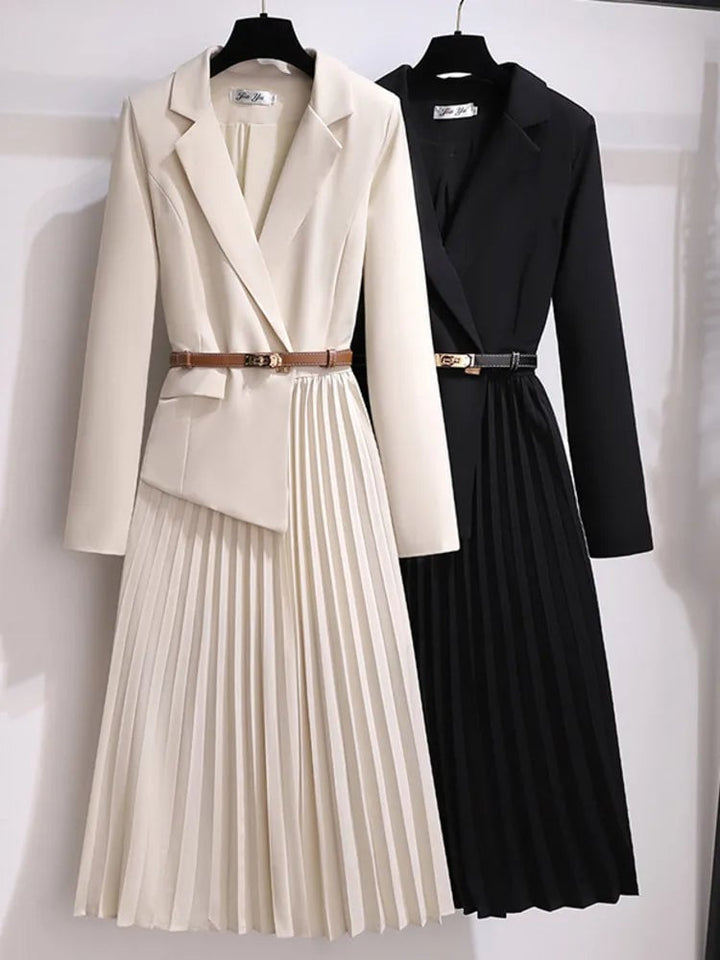 Lifestyle shot of the Adrienne midi dress in beige styled with heels for a polished occasion