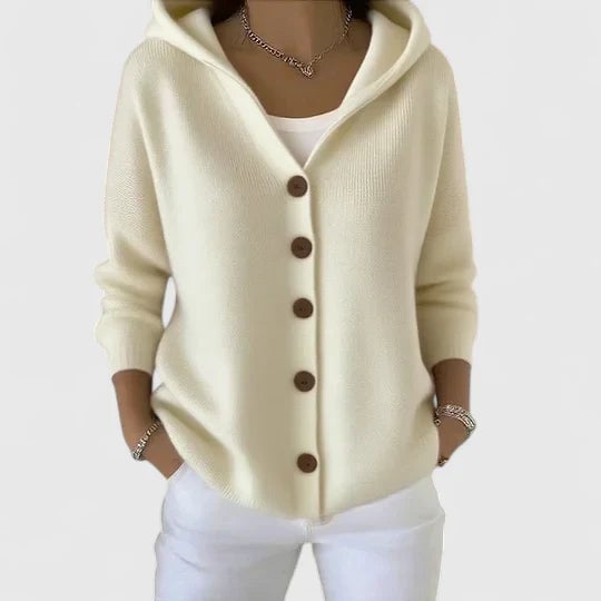 Close-up of the Agnes elegant cardigan showing its smooth drape and flattering silhouette