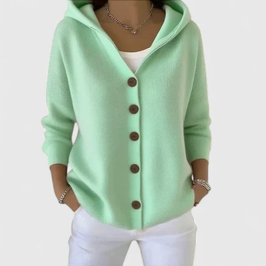 Agnes elegant cardigan styled for a polished everyday look, available in pink, beige, green, and yellow