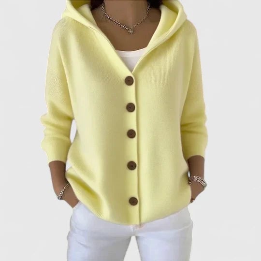 Detail shot of the Agnes elegant cardigan highlighting its lightweight, comfortable fabric and refined design