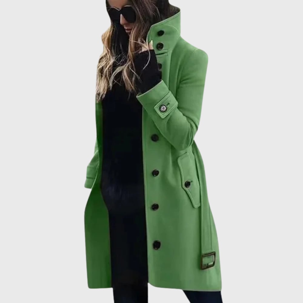 Close-up of the adjustable belt and functional pocket detail on the water-repellent trench coat