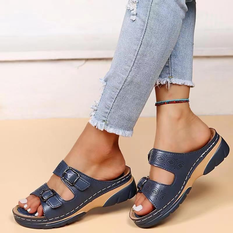 Close-up of adjustable strap closure on Ainsley women's orthopedic sandals in light blue
