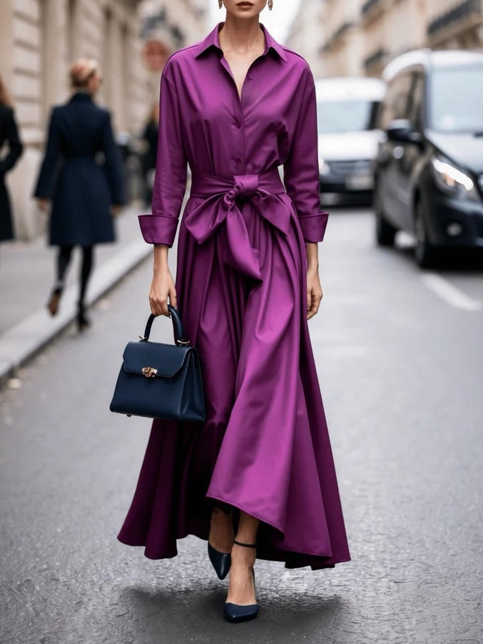 Model wearing an elegant long-sleeve tie-waist maxi dress in a flowing silhouette, front view