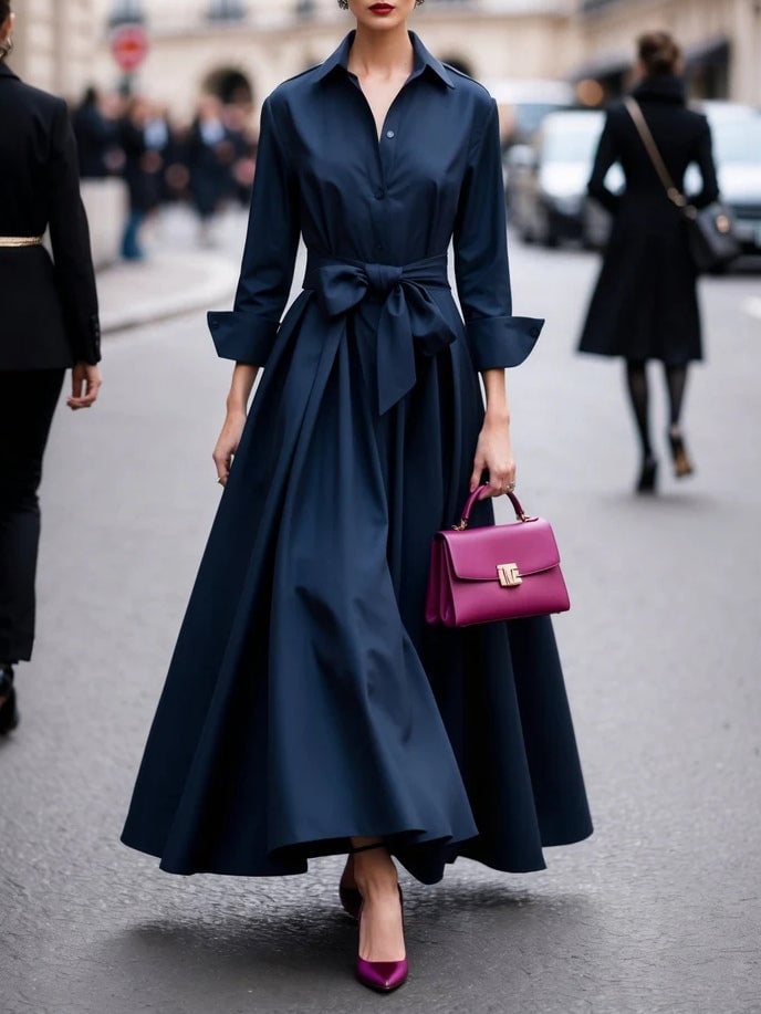 Close-up of the adjustable self-tie waist detail on a long-sleeve maxi dress