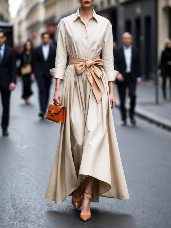 Side view of a flowing long-sleeve shirt-style maxi dress with a cinched tie waist