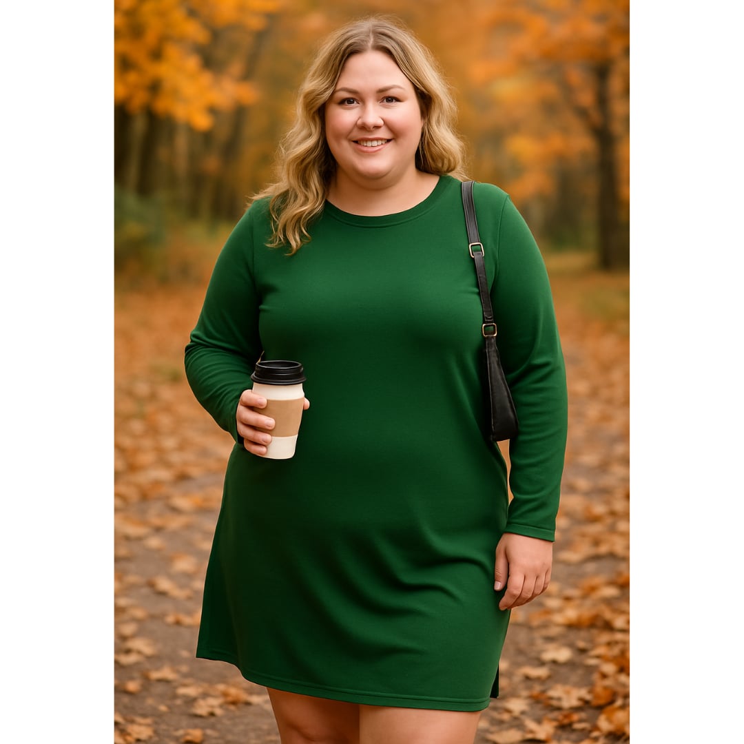 Woman wearing a green long sleeve round neck dress in a relaxed standing pose