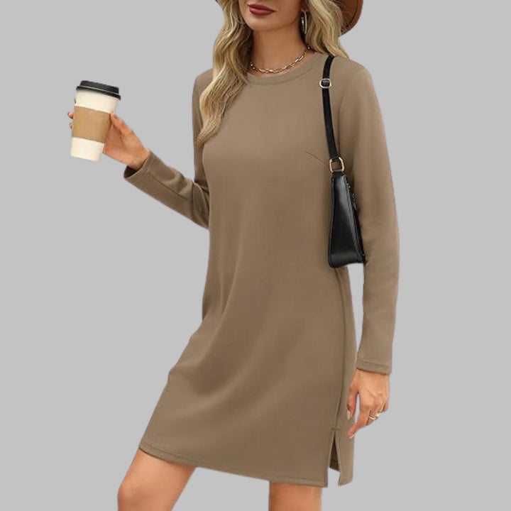 Khaki long sleeve round neck dress styled for a casual daytime look