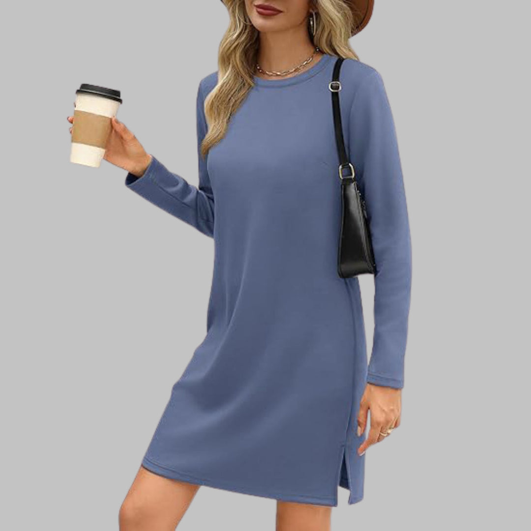 Full-length view of the long sleeve round neck dress showing the overall flattering fit