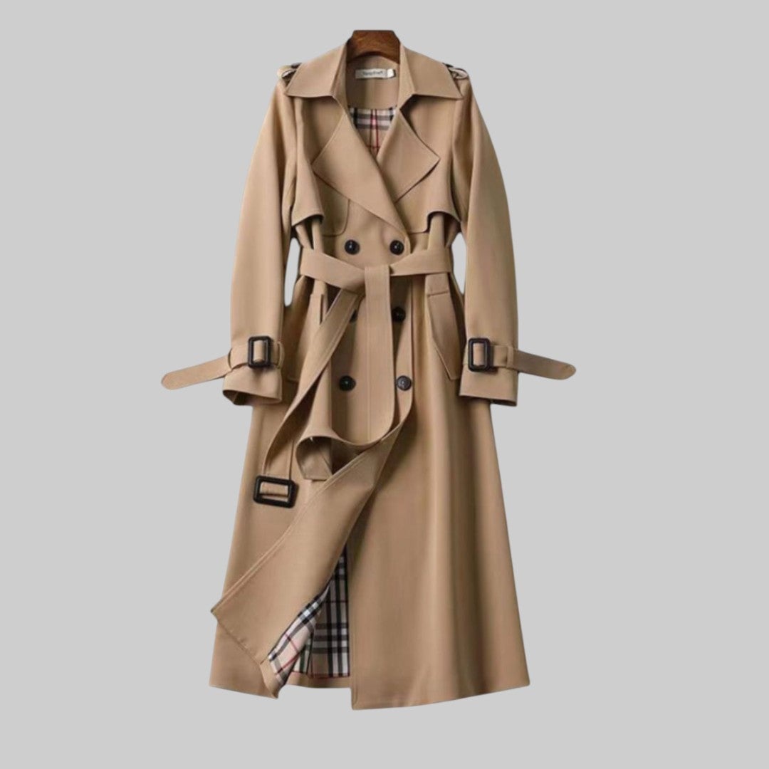 Front view of the Aleah classic trench coat in beige with a tailored belted silhouette