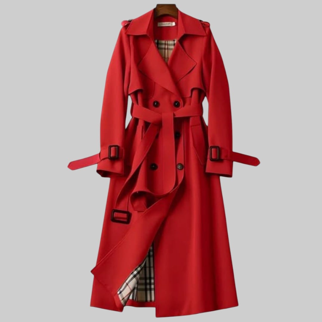 Side view of the Aleah classic trench coat showing refined detailing and structured fit