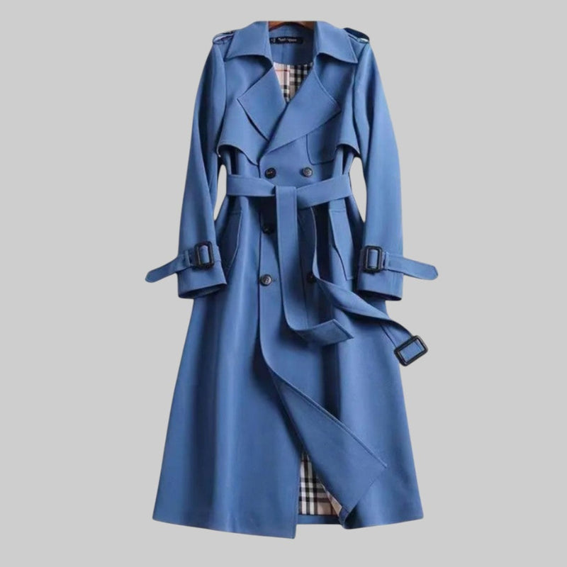 Close-up of the Aleah trench coat lapel and button detailing in beige