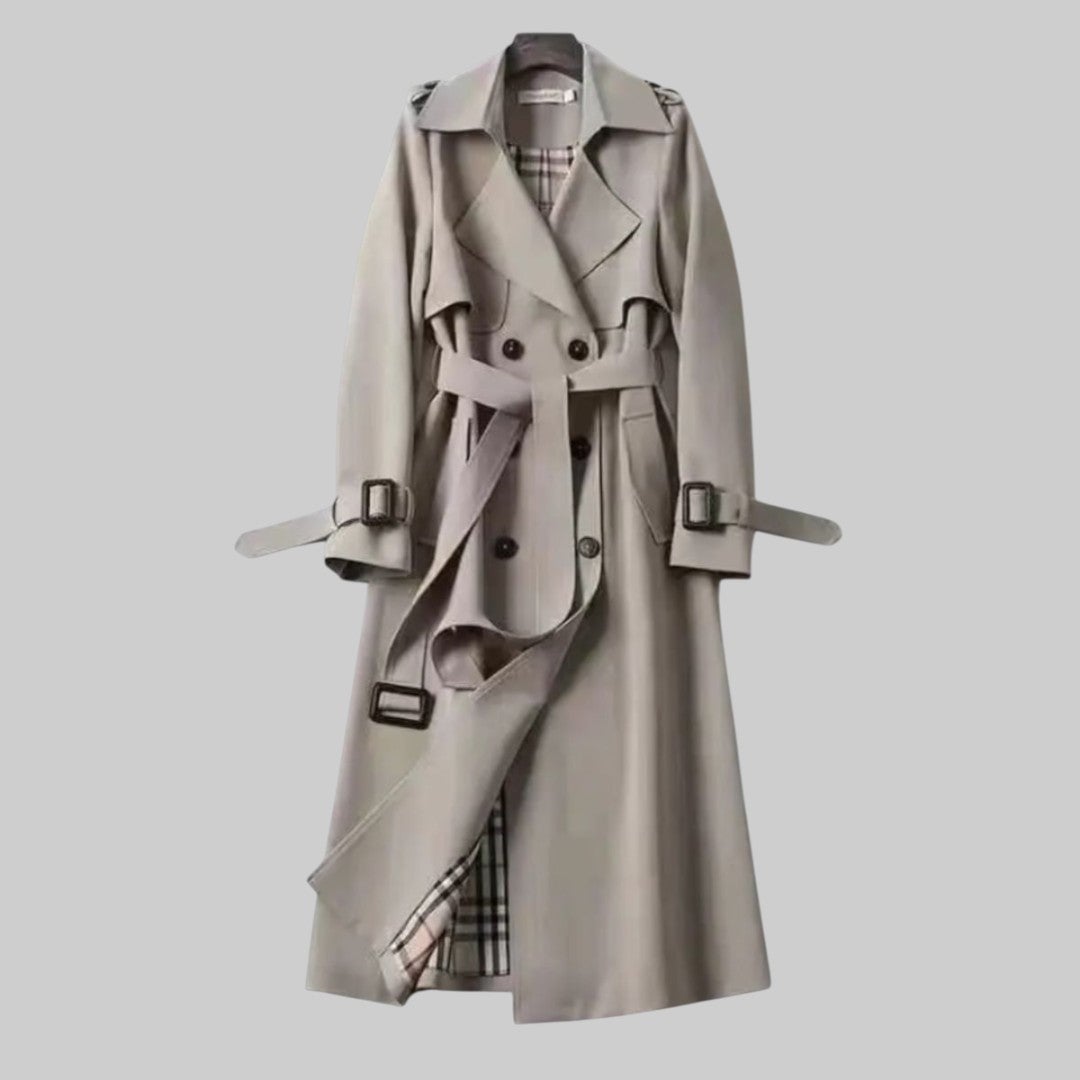 Back view of the Aleah classic trench coat highlighting the clean, tailored cut