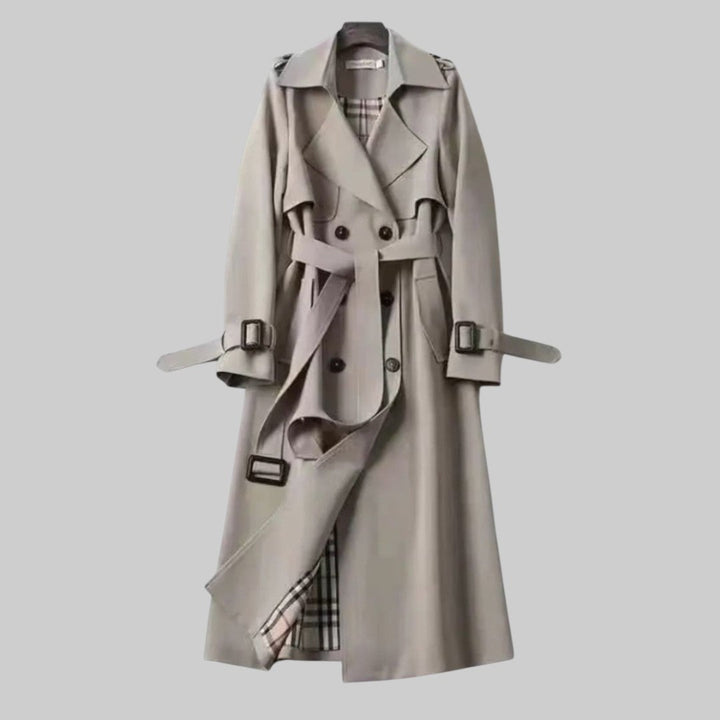 Back view of the Aleah classic trench coat highlighting the clean, tailored cut