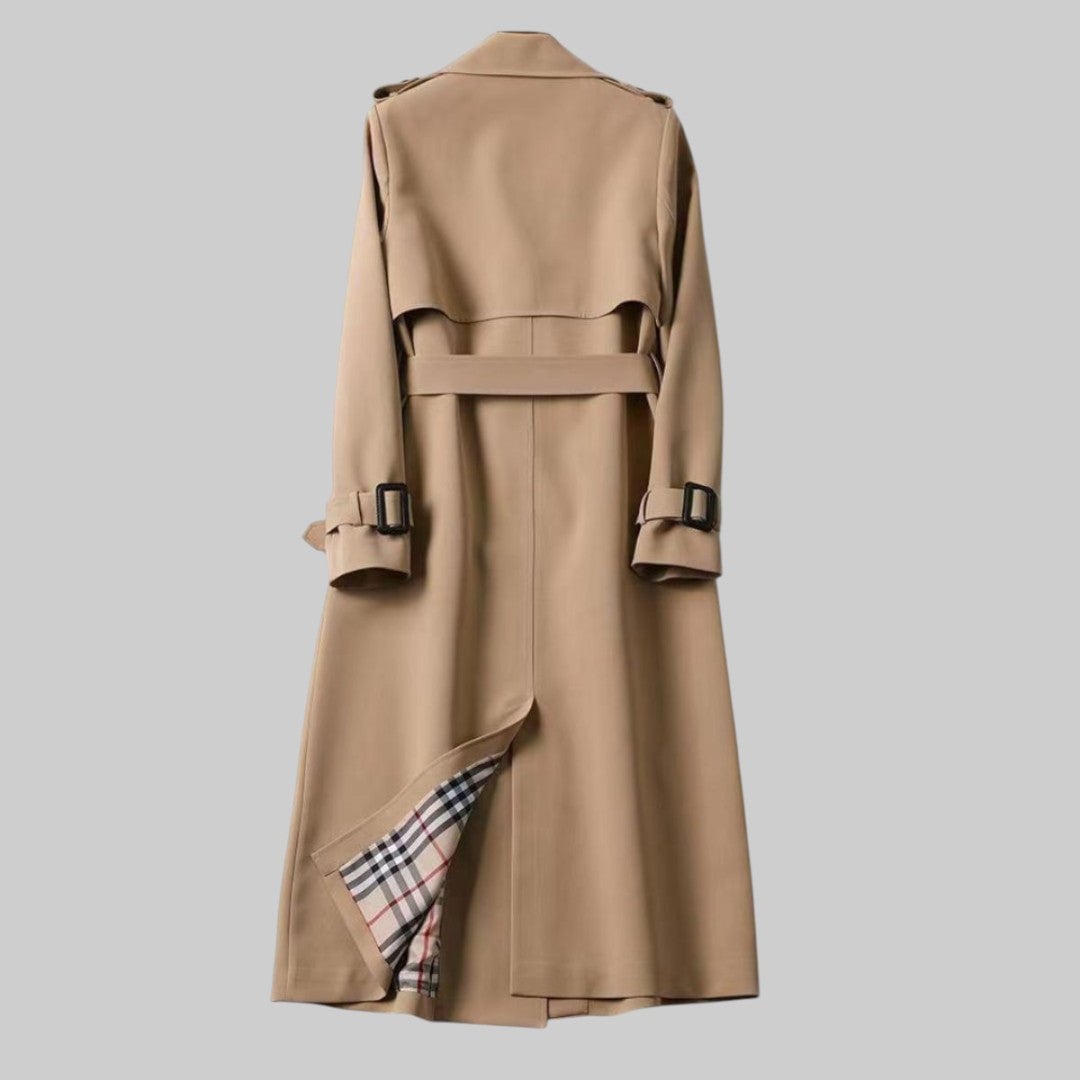Flat lay of the Aleah classic trench coat showing full length and color options