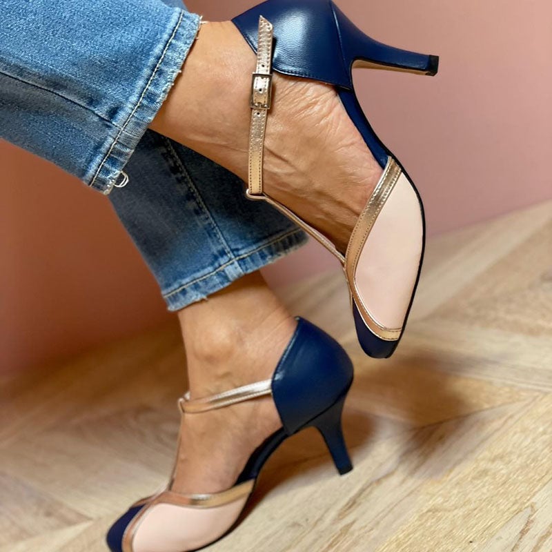 Close-up detail of Alessia T-strap pump showing bold color contrast and round toe construction