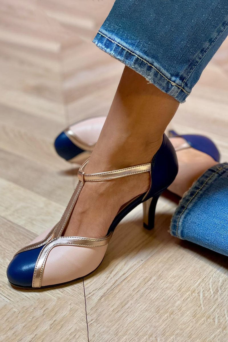 Side profile of Alessia navy colorful T-strap pumps highlighting heel height and strap silhouette