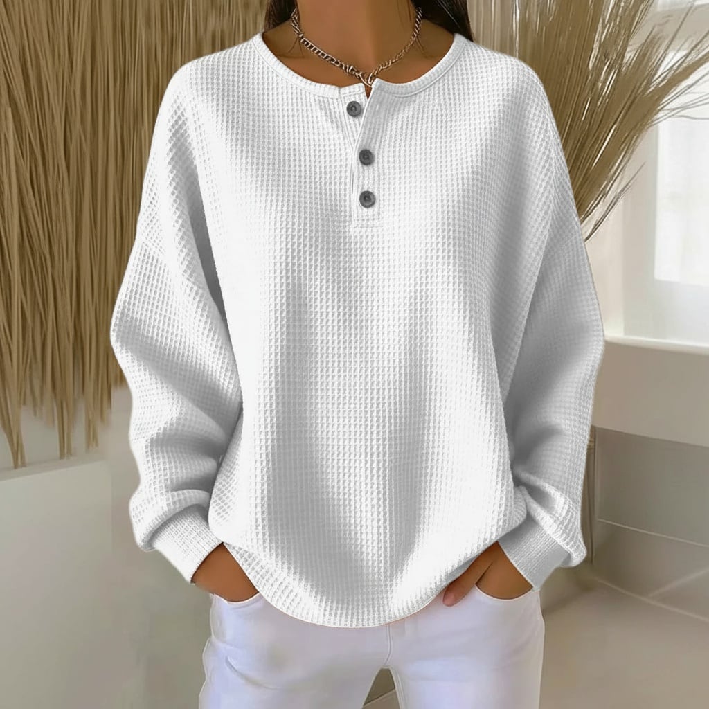Front view of the Alexa waffle sweater showing the subtle waffle pattern and flattering silhouette