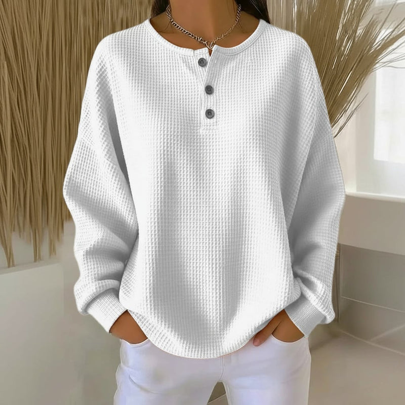 Front view of the Alexa waffle sweater showing the subtle waffle pattern and flattering silhouette