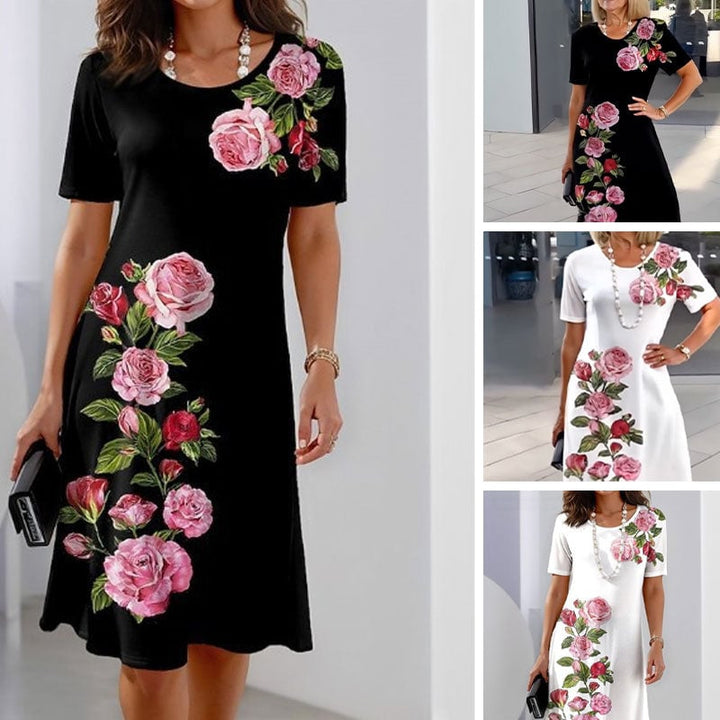 Front view of a white floral A-line dress with a gently fitted waist and flowing skirt