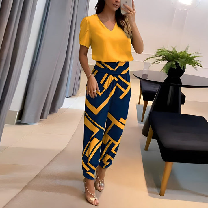 Woman wearing a yellow two-piece puff sleeve set with elastic waistband, styled casually for everyday wear