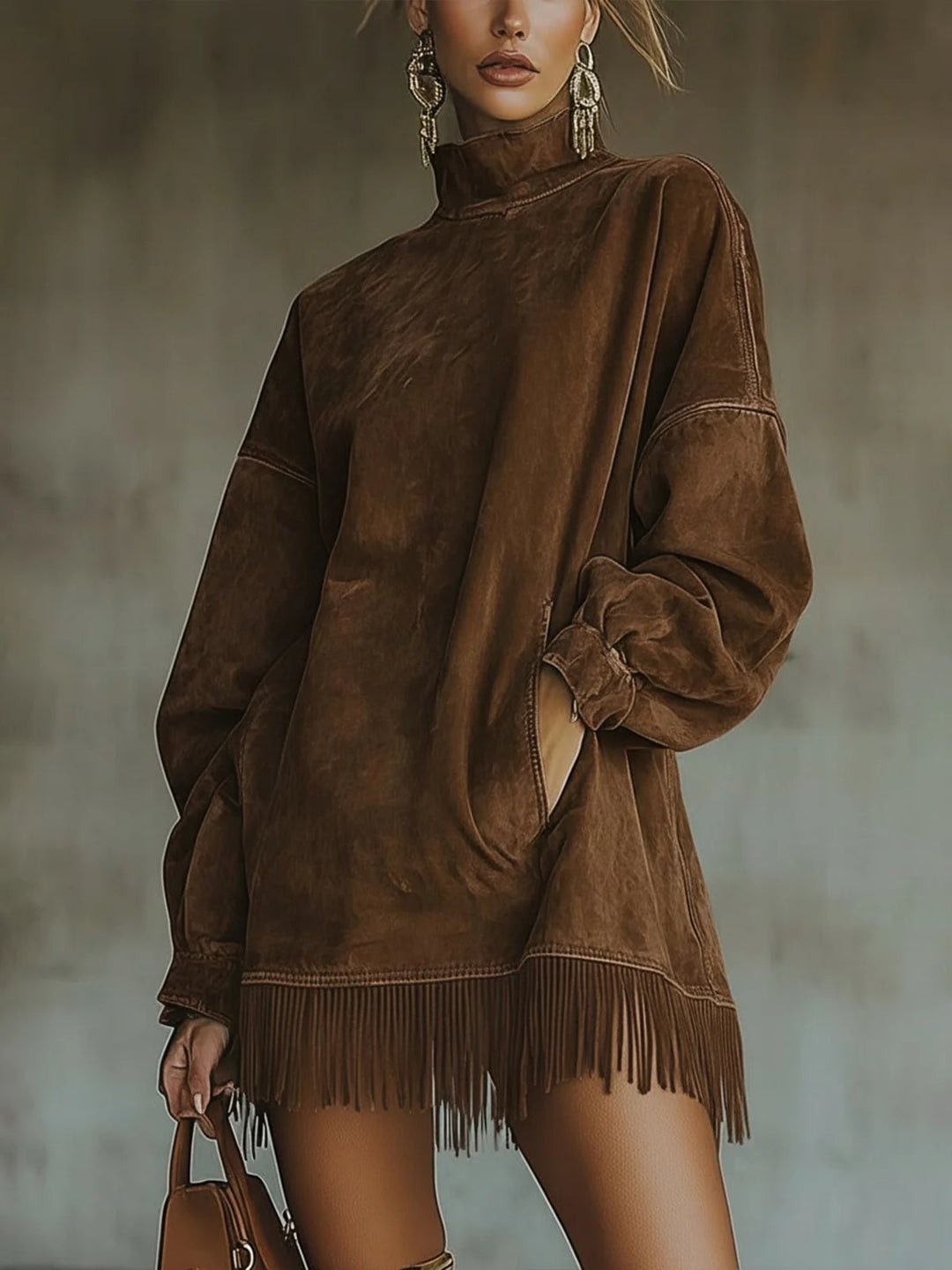 Close-up of fringe hem detail on olive green faux suede turtleneck dress