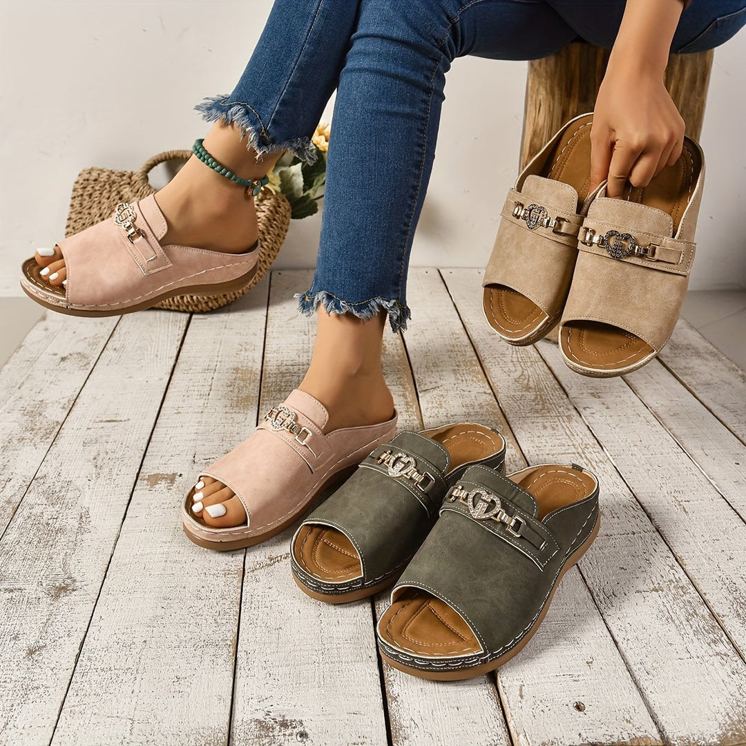 Alexandra flat sandals in green with adjustable strap detail, side view