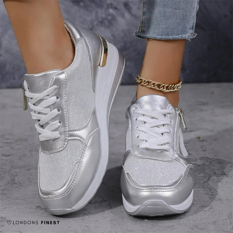 Alexandra women's orthopedic arch support shoe in silver, side view highlighting ergonomic design and flexible sole