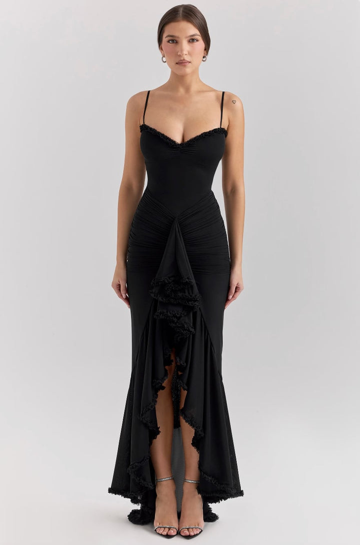 Alexandra ruched lace dress in lilac, front view on model