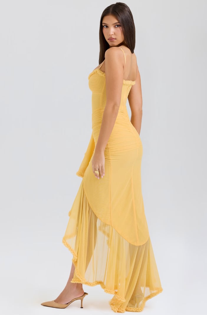 Alexandra ruched lace dress in black, front view on model