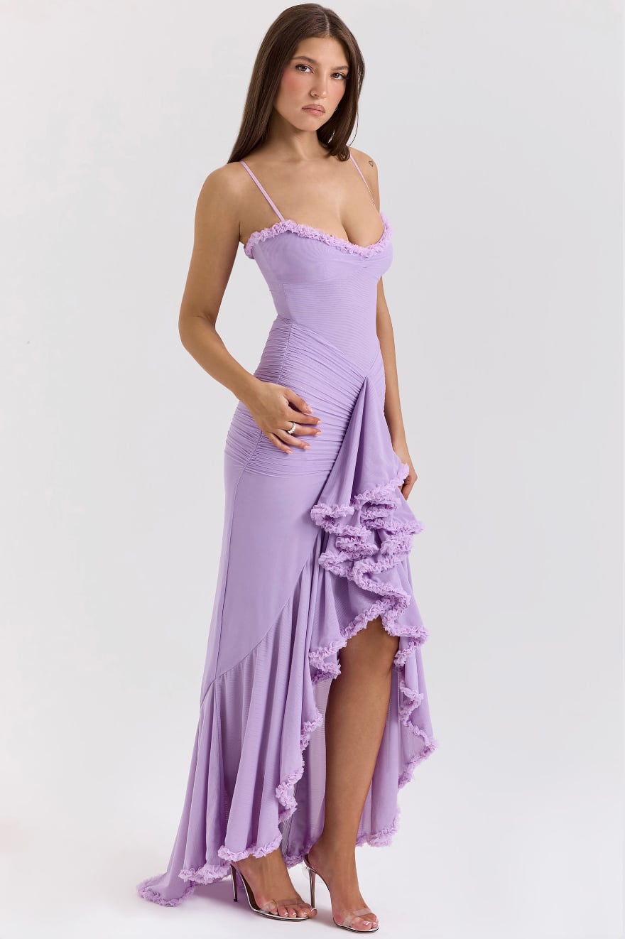 Alexandra ruched lace dress in black, back view on model
